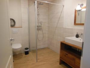 布尔格Landhaus Huchatz的带淋浴、卫生间和盥洗盆的浴室