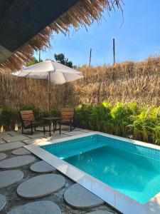 罗纳瓦拉ROOM with PRIVATE POOL BY CANVAS VILLA LONAVLA的一个带遮阳伞和桌椅的游泳池