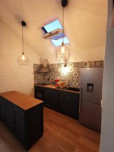 奥尔良Le loft jeanne的厨房配有黑色橱柜和冰箱。