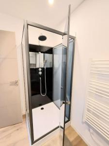 莫伯日Studio confort #2, proche Gare et commodités的浴室内带玻璃淋浴间