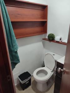 佩雷拉Habitación privada con vista a la ciudad的一间带卫生间和绿毛巾的浴室