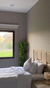 Alhara Lodge استراحة الحارة的一间卧室配有一张带白色床单的床和一扇窗户。