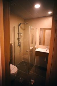 伯利恒Lotus Boutique Hotel的带淋浴、卫生间和盥洗盆的浴室