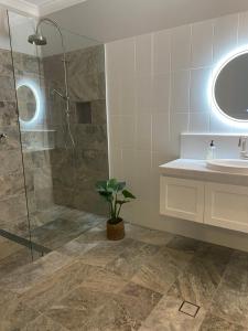 波拉尔Bloomfield Manor的带淋浴、盥洗盆和镜子的浴室