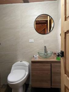 瓜尔内Beehouse Arví Cabaña的一间带卫生间、水槽和镜子的浴室