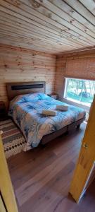 科查莫Cabaña La Troya的配有窗户的小木屋内的一张床位