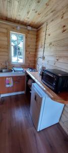 科查莫Cabaña La Troya的小屋内的厨房配有柜台和微波炉
