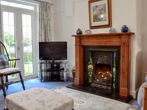 HilgayGreenbank Cottage的客厅设有壁炉和电视。