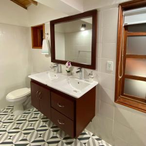 莱瓦镇Hotel Evoque Sáchica的一间带水槽、镜子和卫生间的浴室