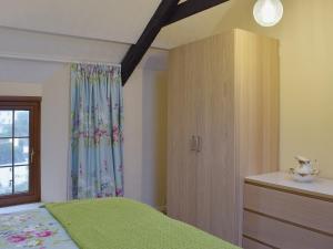 卡迪根Ty Capel Seion的一间卧室设有一张绿色的床和一个窗户。