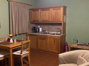 克桑西916高山度假村的厨房配有木制橱柜、桌子和桌椅