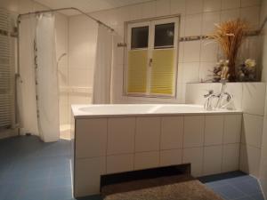 Sankt PeterzellGästehaus Aemisegg的白色的浴室设有浴缸和窗户。