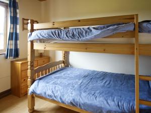 PenybontWoodside Lodge - Hw7520的一间卧室配有两张双层床,铺有蓝色床单。