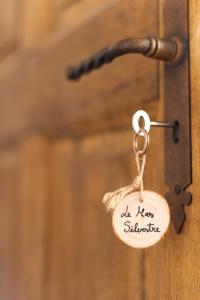 圣萨蒂南艾普特Le Mas Silvestre的木门上的一个键标签,上面写着一个新物质