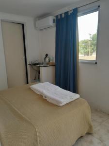 GualeguaychúMatices的一间卧室配有一张带蓝色窗帘的床和窗户