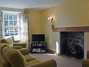 CarronbridgeWaulkmill Cottage的客厅设有壁炉和电视。