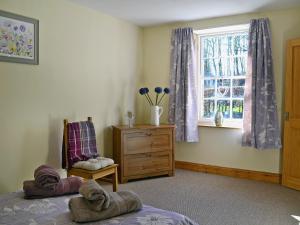 CarronbridgeWaulkmill Cottage的一间卧室设有一张床、一个窗口和一把椅子