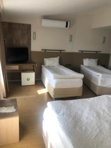 安塔利亚Safari Otel的客房设有三张床和一台平面电视。