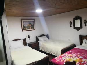 波帕扬Hotel Don Blas的一间卧室设有两张床和木制天花板
