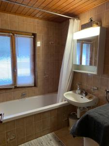 Vernamiège韦纳米耶热住宿加早餐旅馆的浴室配有盥洗盆、浴缸和镜子