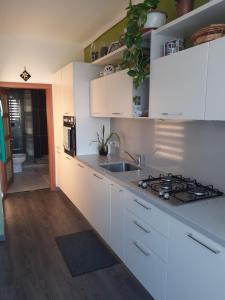 比尔泽布贾Cosy Home by the Sea的厨房配有白色橱柜和炉灶烤箱。
