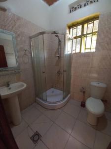 KayenziCheerful Villa Nyamata的带淋浴、卫生间和盥洗盆的浴室
