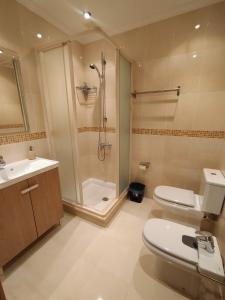 阿尔苏阿Casa Abeleira的带淋浴、卫生间和盥洗盆的浴室