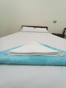 锡瓦Al-Manara Hostel Siwa Oasis的一张白色的床,上面有蓝色的毯子