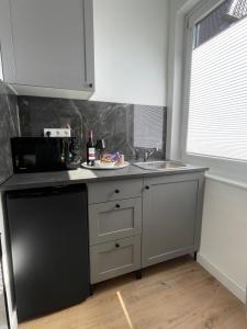 甘德尔克塞moor-home Studio Apartment的厨房配有水槽和柜台上的一盘食物
