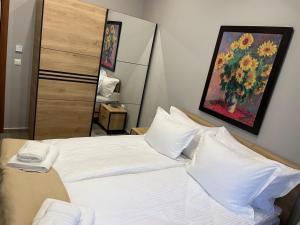 多布里尼什特Вила Рафаела-Мартина的卧室配有一张白色床,墙上挂有绘画作品