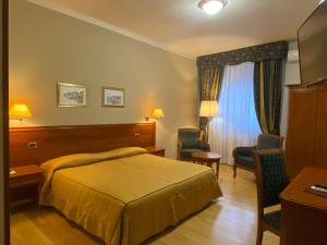 Gattinara埃尔威尼托酒店的配有一张床和一把椅子的酒店客房