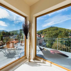巴特哈尔茨堡普琳布斯艾赫斯酒店的透过窗户可欣赏到山景的阳台