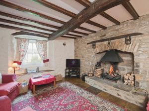 克罗索恩Holly Cottage的客厅设有壁炉和红色沙发。