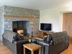 LlangadogDolgoed House的客厅设有两张真皮沙发和一个石头壁炉