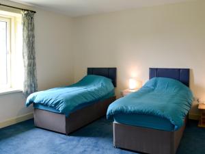 KirtlebridgeBonshawside Farmhouse的一间卧室设有两张带蓝色床单的床和窗户。
