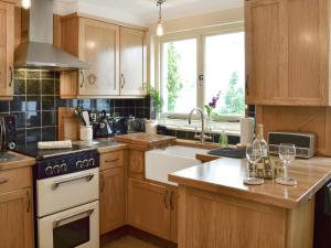 Hollington飞燕草度假屋的厨房配有木制橱柜和炉灶烤箱。