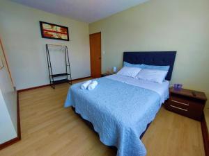 帕拉卡斯Casa Mahulu的一间卧室配有一张带蓝色棉被的床