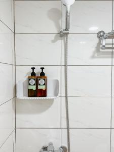 台南白色苏打的浴室的架子上放有两瓶肥皂