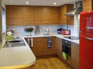 圣贾斯特Dyji的厨房配有木制橱柜和红色冰箱。