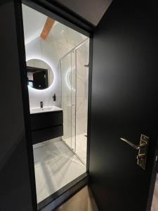 赞丹Boutique Hotel de Kade Zaandam-Amsterdam的一间带玻璃淋浴和水槽的浴室