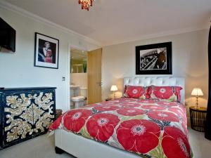 韦茅斯Cormorant View的一间卧室配有一张带红色枕头的大床