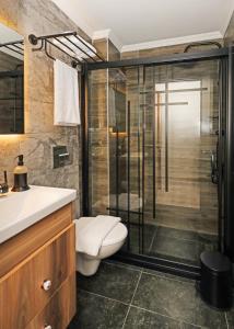 伊斯坦布尔Galata Master Hotel的带淋浴、卫生间和盥洗盆的浴室