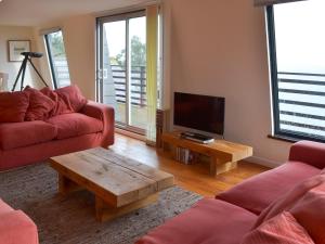 Strete海上悬崖小屋的客厅配有红色沙发和电视