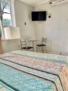洛斯安第斯Motel ZAVA的卧室配有一张床和一张桌子及椅子