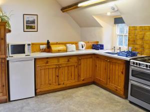 Arthog伊尔汉乡村别墅的厨房配有木制橱柜和白色家电