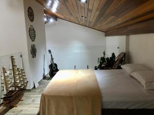 JaguariaívaCasa de campo com piscina的一间带一张大床的卧室,位于带吉他的房间