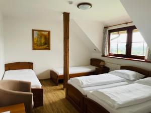 SvratkaPenzion Pod Dratnikem的一间卧室设有两张床、一把椅子和一个窗户。