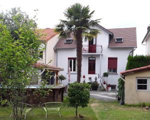 塔布La Maison de Sylvie, chambres d'hôtes à Tarbes的院子里有棕榈树的白色房子