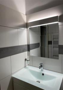 维也纳Apartment Wien Mitte的白色的浴室设有水槽和镜子