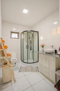格兰高伯Le Palmiste lovely 2-bedroom duplex with pool的带淋浴、盥洗盆和卫生间的浴室